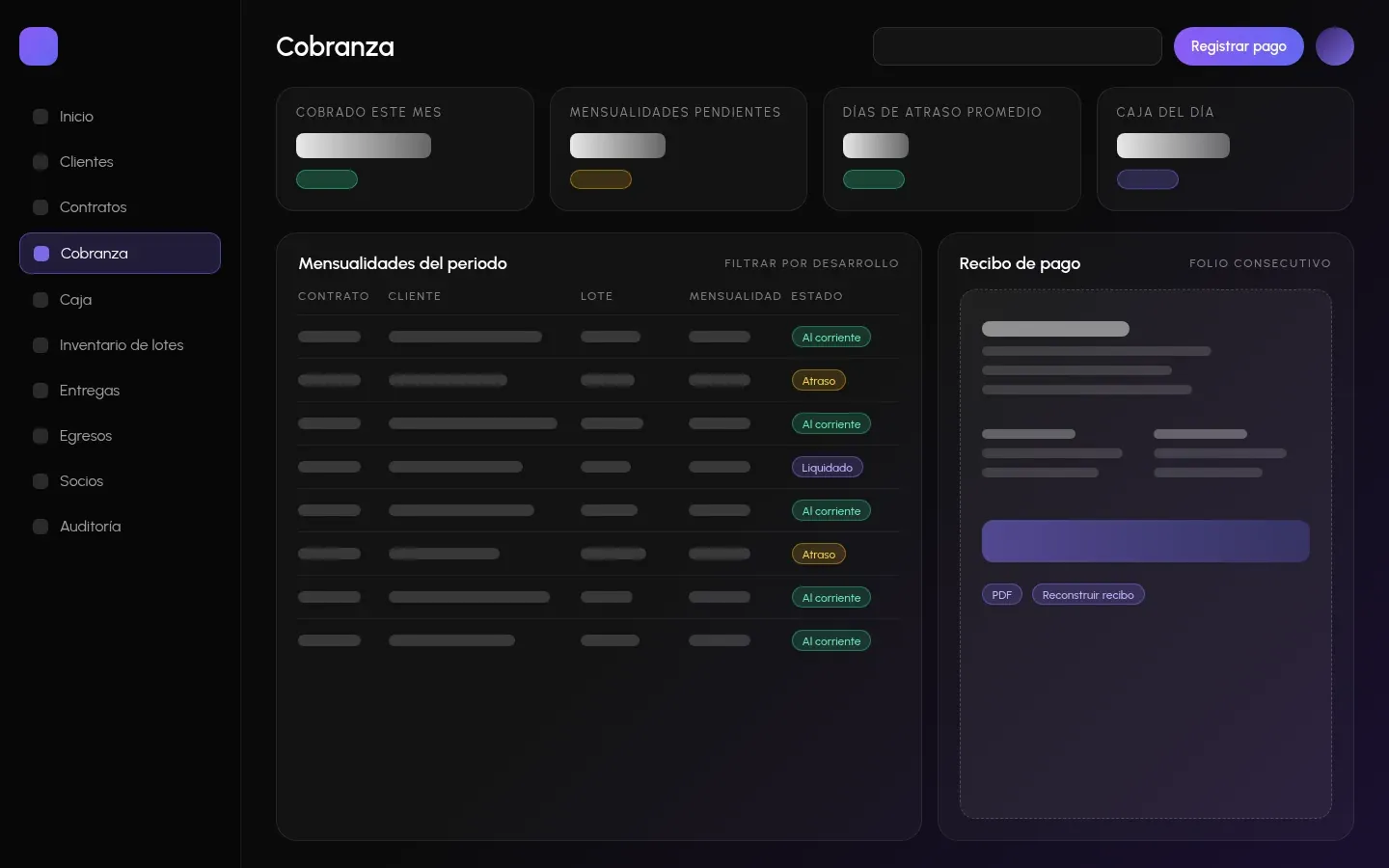 Panel de cobranza: mensualidades, recibos y caja